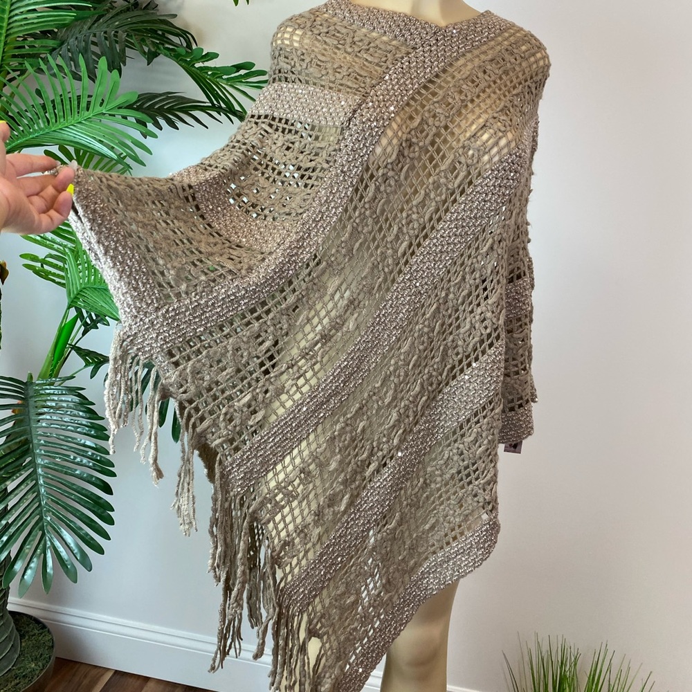 ‼️ Taupe Crochet Cover Up Pancho Tunic